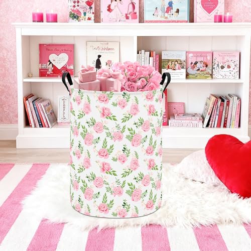 QUEENLALA Large Storage Basket,Laundry Hamper/Bathroom/Home Decor/Collapsible Round Storage Bin,Boys and Girls Hamper/Boxes/Clothing(Round-Pink roses) - color: Round-Pink roses