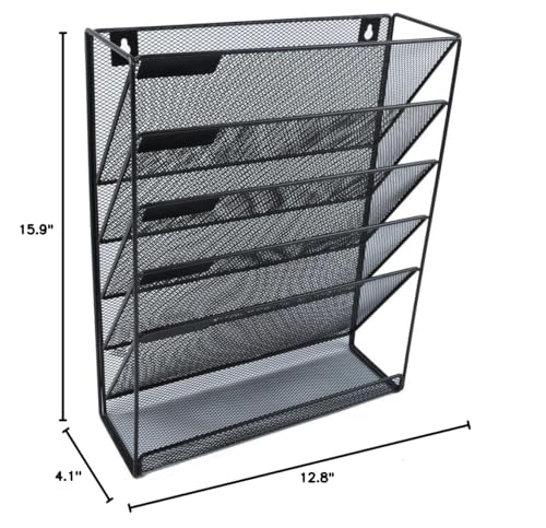 EASEPRES Hanging File Holder Organizer, 6 Tier Mesh Metal Wall Mount Document Letter Tray Organizer for Office Home, Black - color: Black, size: 5Tier