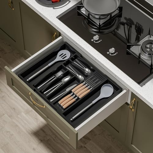 TIOPGHAD Bamboo-Silverware-Drawer-Organizer-Kitchen, Expandable Utensil Holder Cutlery Tray Flatware Organization Adjustable Wood Tableware Dividers Storage (with Removable Knife Block)(Black) - color: Black, size: Large
