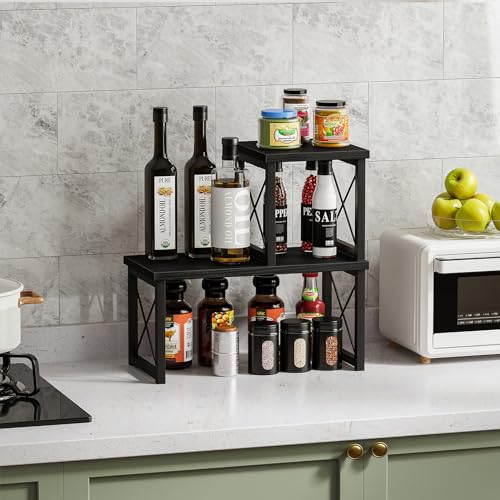 Honiter Desk Shelf Desktop Organizer 2 Tier Wood Small Bookshelf,Rustic Brown Freestanding Adjustable, Organizer, Stackable, Desk Stand, Storage Organizers, Kitchen Counter Display Rack - color: Black, size: 7.6in-1 Pack
