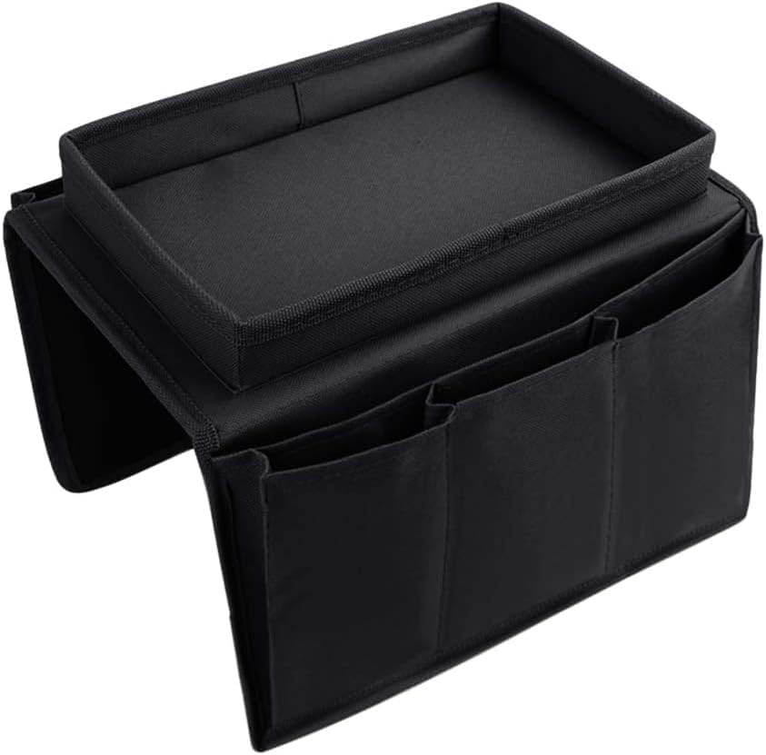 Sofa Armrest Organizer with Cup Holder No-Slip Couch Sofa Armrest Organiser Couch Remote Caddy Control Holder with 1 Large Pockets and 3 Small Pockets for TV Remotes Cellphone Magazines Drinks (Black) - color: Black
