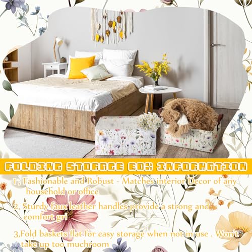 Boao 3 Pcs Wildflowers Storage Bin Wildflowers Collapsible Large Storage Baskets for Gifts Canvas Laundry Basket Foldable Box with Handle for Office Home Bedroom Clothes - style: Wildflowers