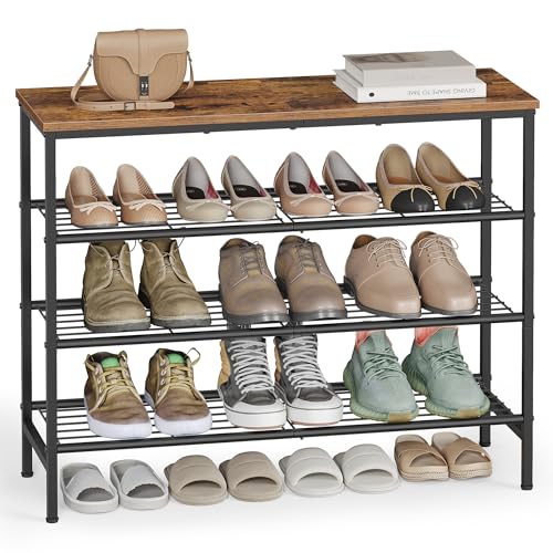 VASAGLE Shoe Rack, Shoe Storage Rack for Closet, Entryway, Living Room, Free Standing Metal Organizer Shelf, 4 Tiers, 11.8 x 29.5 x 27.2 Inches, for 12–16 Pairs, Rustic Brown and Ink Black ULBS049KD01 - size: 4 Tiers (29.5"W)