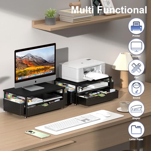 Spacrea Desk Organizer and Accessories, Computer Monitor Stand Riser with Drawer and 2 Pen Holders, Office Desk Accessories & Workspace Organizers for Office Supplies (Black) - color: Black