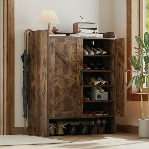 Mericonia Farmhouse Shoe Cabinet with Doors, Modern Large 5-Tier Shoe Storage Cabinet with Adjustable Shelves, Wooden Shoe Organizer for Entryway, Hallway, Closet, Bedroom, Living Room (Rustic Brown) - color: B-rustic Brown