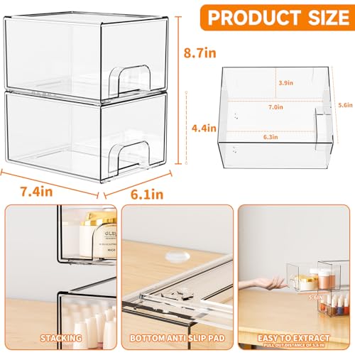 Yieach 2 Pack Clear Stackable Storage Drawers,4.4'' Tall Acrylic Drawer Containers for Organizing,Bathroom Organizers and Storage Bin Box,Plastic Makeup,Medicine Organizer Bins for Cabinet,Undersink - color: Clear-4.4 In Tall, size: 2 PCS