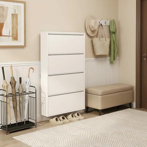 Shoe Cabinet with 4 Flip Drawers, Slim Metal Wall-Mounted Shoe Storage Organizer for Entryway, Hallway, Mudroom, Hidden Narrow Rack, White - style: 4 Flip Drawers