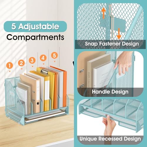 Desk File Folder Holder Organizer-5 Vertical Compartments Racks and Paper Letter Tray,Mesh Magazine File Holder Sorter,Desktop Accessories & Workspace Organizers for Home,Office,School-Blue - color: 5 Compartments-blue