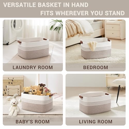 60L Large Laundry Basket with Leather Handles for Living Room Storage, Woven Rope Baskets Bin for Blanket, Kids Toy, Gifts, Wicker Hamper for Bedroom Dirty Clothes, White Brown - color: Brown, size: 60L