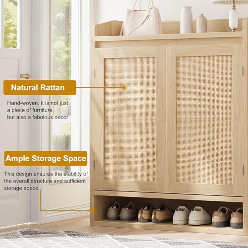 GarveeHome Modern Rattan Shoe Cabinet for Entryway, Natural Oak Wooden Shoe Storage Organizer with Doors, Adjustable Shelves Shoe Rack for Hallway, Bedroom, Living Room - color: Natural