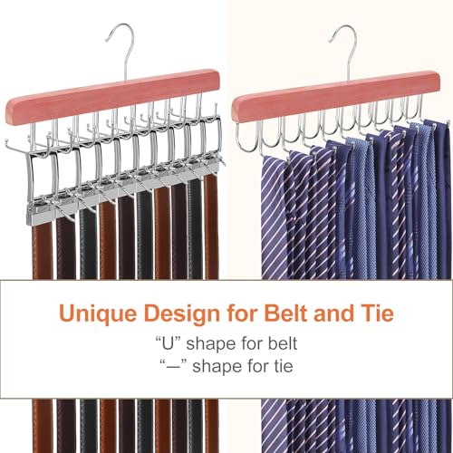 TOPIA HANGER Cedar 2 in 1 Belt Tie Hanger for Closet Max 30 Belts with 30 Ties Capacity, 20 Hooks Belt Tie Racks Hanger for Closet Organizer Storage “U” Fit Belt and “一” Fit Tie - CT53C - color: Cedar