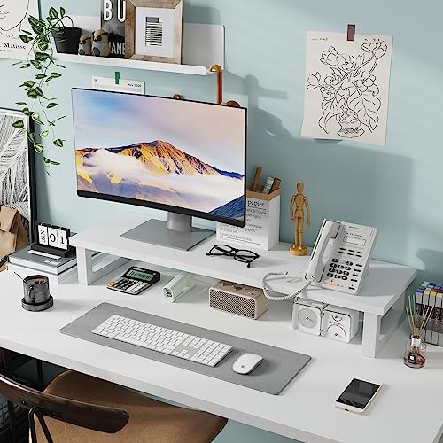 WESTREE Dual Monitor Stand Riser, Wood and Steel Monitor Stand Riser, Computer Monitor Stand for 2 Monitors, Multi-Purpose Desktop Storage Stand for Computer,Laptop,Printer,TV - color: White