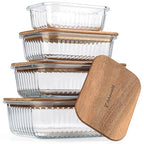 Set of 4 Stackable Space-Saving Nesting Glass Bowls with Airtight Acacia Lids for Lunch, Meal & Food Prep - Microwave & Oven-ready BPA Free Durable Heat Resistant Inert Borosilicate Glass - color: 4 Containers with Acacia Lids (Ribbed)