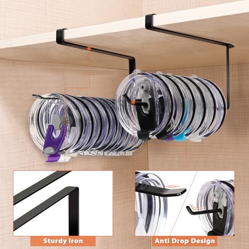 2 Pack Tumbler Lid Organizer, Horizontal Tumbler Lid Storage Hook Up to 20 Lids, Space Saving Cup Lid Holder Under Cabinet Tumbler Lid Hook for Kitchen Organizer, Paper Towel Hanger(Round&Flat, Black) - color: Black, size: 2 Pack(Round&Flat)