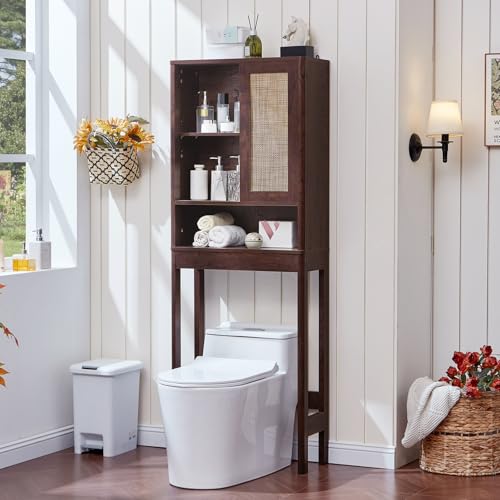 LEYAOYAO Rattan Over The Toilet Storage Cabinet, Farmhouse Over Toilet Bathroom Organizer with Sliding Door, 68" Tall Freestanding Washer Shelf with Adjustable Shelf & Curved Profile, Walnut - color: Walnut, size: 10"D×23.3"W×68"H