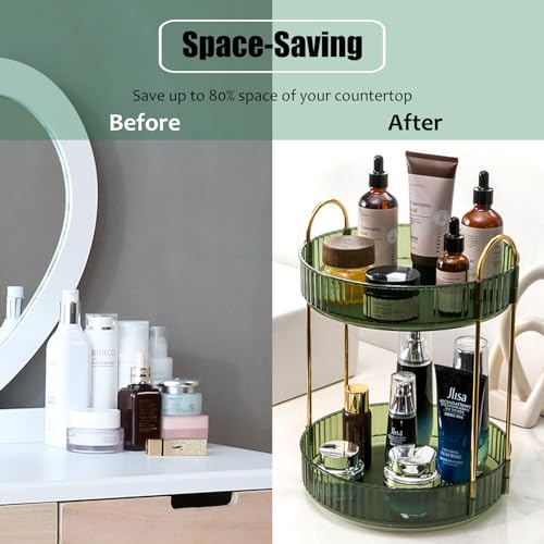 Rotating Makeup Organizer Countertop 2 Tier Lazy Susan Trays Clear Skincare Perfume Storage for Bathroom Counter Vanity, Green Gold - color: Green, size: 2 Tier