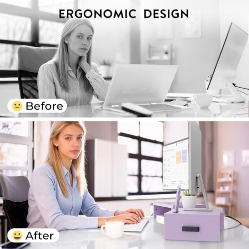 BONTEC Dual Monitor Stand Riser with Smartphone Holder, Adjustable Length & Swivel Angle, Ergonomic Wooden Desktop Organizer for PC Monitor, Laptop, Printer, Large Storage, Purple - color: Purple
