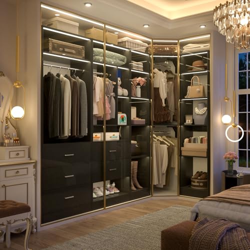 Besiost Corner Closet System with 5 Drawers, Closet Organizer System with 15+Shelvess & 4 Hanging Rods, 63.2"L * 63.2"W / 87.2"L * 39.2"W Reversible L Shaped Walk-in Closets, Load 2500+LBS, Black - color: Black, size: 63.2" * 63.2"