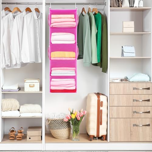 MAX Houser 5-Shelf Hanging Closet Organizer, Hanging Storage Shelves with 4 Side Pockets Space-Saving for Bedroom, Foldable (Pink) - color: Pink