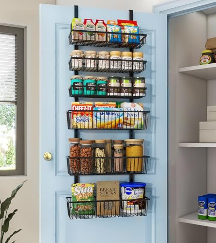 Mefirt Over The Door Pantry Organizer, Pantry Organization and Storage, 6-Tier Deep Baskets Hanging Heavy-Duty Metal, Wall Spice Rack Seasoning Shelves for Home & Kitchen, Laundry Room Bathroom, Black - color: Black, size: 6-Tier (16"W)