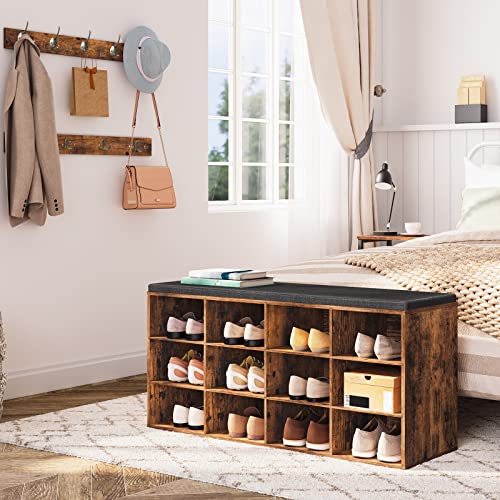 HOOBRO Shoe Storage Bench with Cushion, 39.4" L Entryway Bench with 12 Cubbies, Entryway Hall Tree with Storage, Shoe Cabinet with Coat Rack for Bedroom, Hallway, Holds up to 330 lb, BF112HX01G1 - color: Rustic Brown + Black