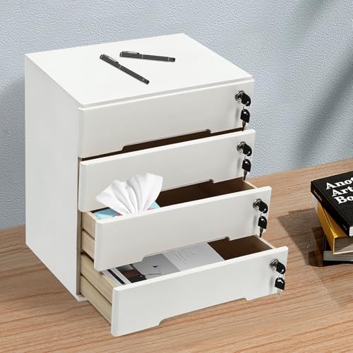 4-Tier Desk Organizer with Lockable Drawers, 4 pairs of Keys, Wooden Desktop Storage Box, Categorized Storage Desktop File Cabinet(White) - color: White-4 Tiers
