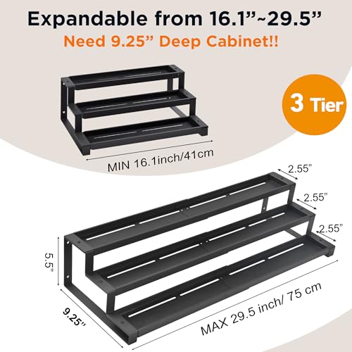 3-Tier Spice Rack Organizer for Kitchen Cabinet or Pantry, 16"-29" Expandable Spice Organization Shelf, Seasoning Organizer, Metal Display Shelf, Slip-Resistant Design for Jars and Bottles, Black - size: Small-Black- Fits 9.25" Deep Cabinet