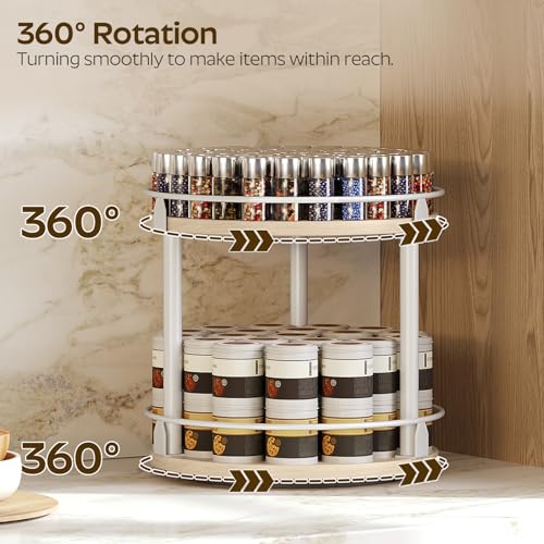 YATINEY Lazy Susan Organizer, Rotating Spice Rack, 2 Tier Spice Turntable Organizer, Industrial Turntable Spice Holder, for Kitchen Countertop, Compact and Versatile, White and Light Oak SR22WG - color: White + Light Oak, size: 10.2"L x 10.2"W x 11"H