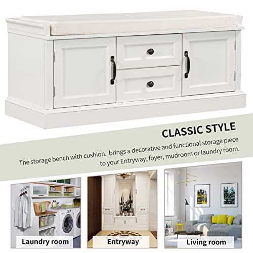 P PURLOVE Rustic Wood Entryway Bench with 2 Cabinets and 2 Drawers, Wood Shoe Bench with Removable Cushion for Hallway, Entryway - color: White, size: with 2 Drawers and 2 Cabinets