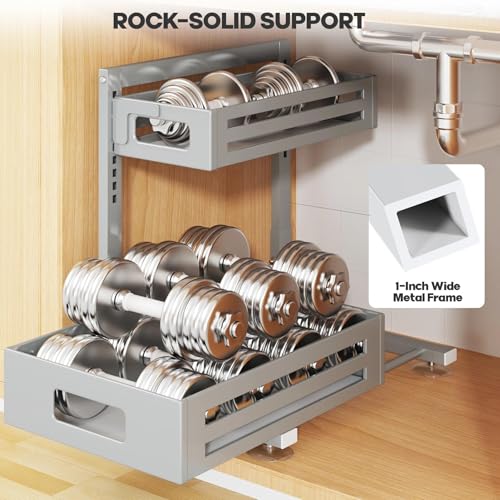 2 Pack Under Sink Organizer,Pull Out Cabinet Organizer With Smooth Cylindrical Rail,Metal Slide Out Drawer for Kitchen Bathroom Laundry Cabinet,8-Level Tool Free Height Adjustable-Gun Gray - color: Gun Gray, size: 2 Pack-15"Dx9.5"-16.7"H