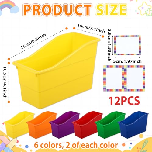 12 Pack Large Book Bins, Durable Magazine Organizer File Holder High-Quality Plastic Book Storage Bins with Labels for Classroom Library, Office, Desktop Organization,Bookshelf Categorization(Rainbow) - color: Rainbow
