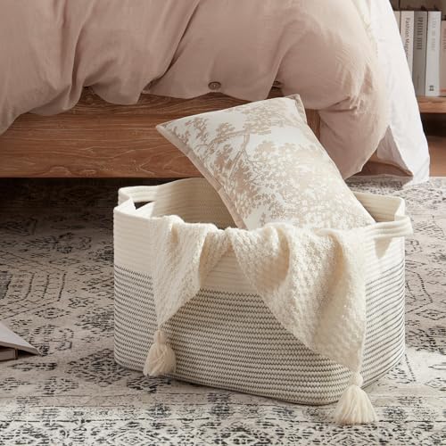 OIAHOMY Large Blanket Basket, 65L Cotton Rope Woven Laundry Basket, Toy Bin for Baby Room, Container for Blanket Storage in Living Room, 20''×16''×12'', Black & White - color: Black & White, size: 65L