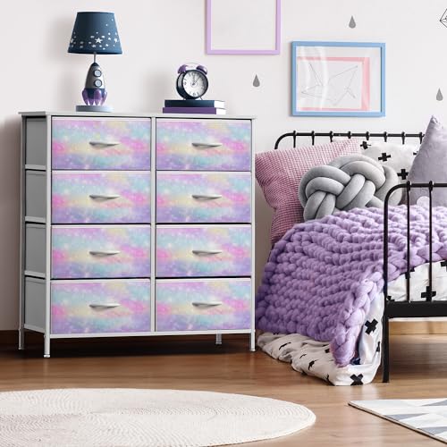 Sorbus Kids Dresser with 8 Drawers - Storage Chest Organizer Unit Nightstand - Steel Frame, Wood Top, Tie-Dye Fabric Bins for Clothes - Wide Furniture for Bedroom, Hallway, Nursery, Closet, Apartment - color: Rainbow Sparkle, style: 8-Drawer