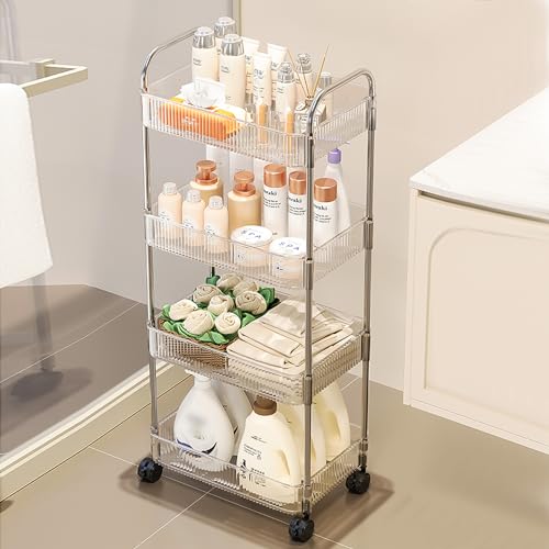 4 Tier Rolling Cart with Hanging Basket, Acrylic Storage Carts with Lockable Wheels, Utility Carts Storage Organizer Serving Cart for Office, Living Room, Kitchen, Bathroom - style: 4-Tier