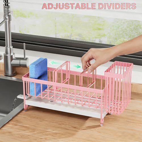 Cisily Sponge Holder for Kitchen Sink, Sink Caddy Organizer with High Brush Holder, Kitchen Countertop Organizers and Storage Essentials, Rustproof 304 Stainless Steel (Pink, 9.25″) - color: Pink