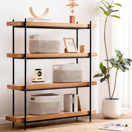 UBBCARE 4 Pack Storage Baskets for Organizing, Shelf Baskets with Handles, Woven Storage Baskets for Bookcase/Cube Shelf/Closet, 14.5"L x 9.8"W x 9"H, White&Light Brown - color: White&Light Brown, size: 4 Pack-14.5"(L)×9.8"(W)x9"(H)