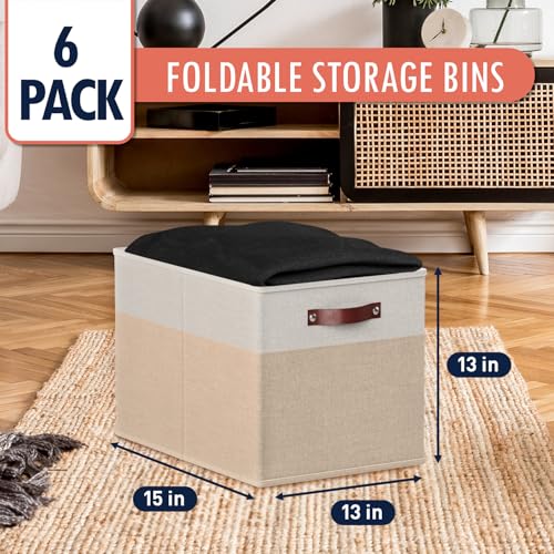 Ornavo Home 13 x 15 x 13 Kallax Storage Cube Bins, Foldable Collapsible Fabric Storage Bins Box Linen Shelf Basket Cube Organizer for Closet with Leather Handles, 6 Pack, White/Khaki - color: White/Khaki, size: Kallax - 13 x 15 x 13