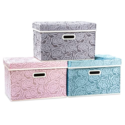 PRANDOM Collapsible Storage Cubes with Lids Fabric Decorative Storage Bins Boxes Organizer Containers Baskets with Cover Handles for Bedroom Closet Living Room 14.9x9.8x9.8 Inch 3 Pack - color: Assorted Color, size: Medium(3-Pack)
