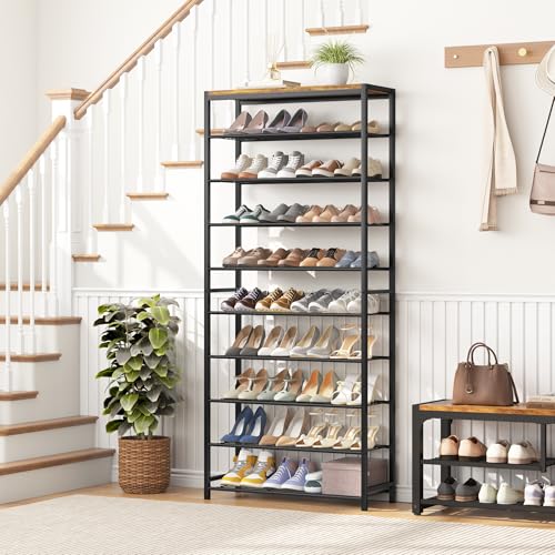 HOMEFORT 10 Tiers Shoe Rack Organizer,30" Shoe Storage Shelf for Closet, Shoe Rack for Entryway,Holds 36-40 Pairs of Shoe, Tall Shoe Stand with Metal Shelves and MDF Top Board,Rustic Brown - color: Rustic Brown, size: 10-Tier (11.8"D x 30"W x 70.47"H)