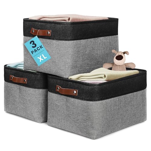 OrganiHaus Extra Large Fabric Storage Baskets for Shelves 3 Pack, 16x13in Closet Storage Bins, Canvas Baskets for Organizing, Linen Closet Organizers, Cloth Basket, Gray/Black - color: Gray / Black, size: Extra Large - 3pc
