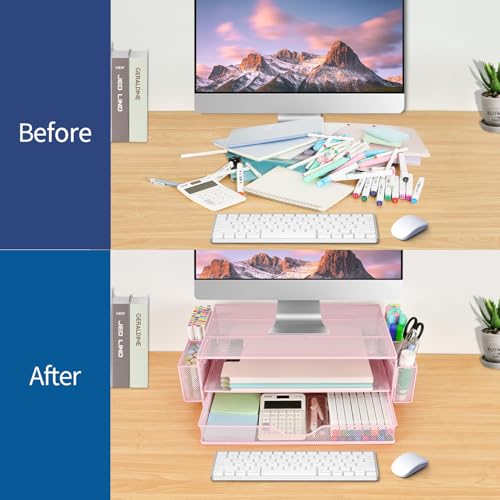 AUPSEN Computer Monitor Stands Riser，2-Tier Desk Organizers and Accessories, Office Desk Accessories Organizer with Drawers and 2 Pen Holder for Office Supplies (Pink) - color: Pink Metal