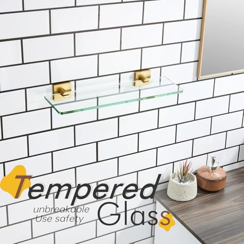 KOKOSIRI Floating Wall Shelf 16-Inch Bathroom Tempered Glass Shelves Shower Hanging Rack for Kitchen Storage Home Decor, Gold Stainless Steel B1107BG-L16 - color: Brushed Gold, size: 16-Inch