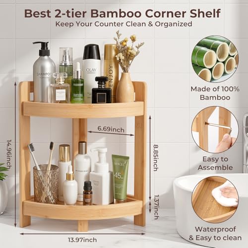 2026 New Bamboo Standing Shelf, 2 Tier Corner Shelf Stand, bathroom counter/sink organizer, Triangular Curved Corner Shelf Stand for Space-Saaving Display Ideal for Bathroom/Kitchen/Living Room - size: 2-Tier