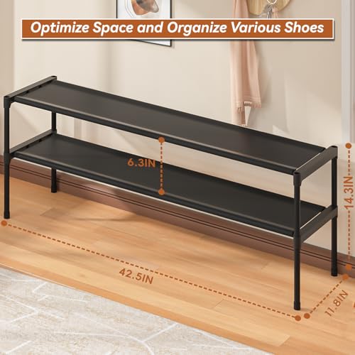 LUKYTOWER Extra Long Shoe Rack 2 Tier Shoe Storage Organizer Wide Stackable Shoe Organizer Racks for Closet Entryway,Shoe Shelf Stand Sturdy Durable Shoes Rack Holder Save Space - color: Black, size: 2Tier 14.3"H