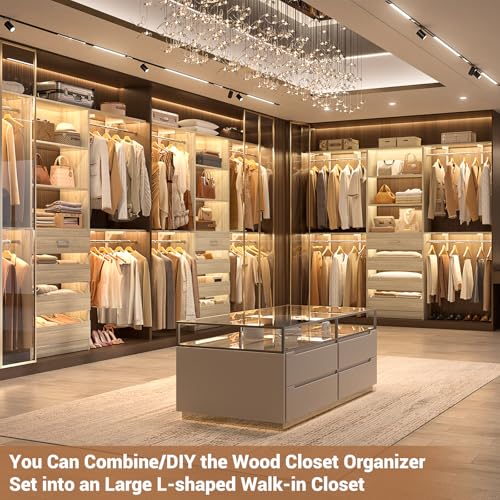 Aheaplus Closet System with Drawers, Wood Closet Organizer System with 4 Hanging Rods & Top Shelves, Walk-in Closets Organizer Wardrobe Clothes Rack, Cut Fits Spaces 4-9FT. Wide, White Oak - color: White Oak-1Set