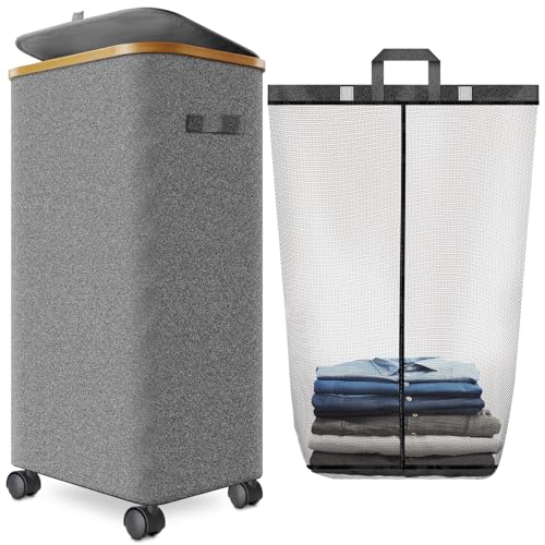 Laundry Hamper with Wheels,29 Gal (110L) Laundry Basket with lid Rolling Clothes Hamper Foldable Dirty Clothes Basket on wheels with Bamboo Frame and Bag for Bedroom, Dorm, Laundry Room-Grey - color: Grey, size: 110 L