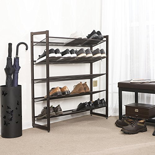 SONGMICS Shoe Rack, 5-Tier Shoe Organizer, Metal Shoe Storage for Garage, Stackable Shoe Shelf, with Adjustable Flat or Angled Shelves, 20-25 Pairs, Bronze ULMR05A - color: Bronze, size: 5 Tiers (36.4''W)