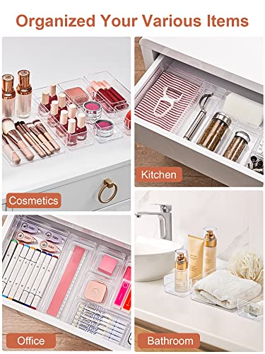 SMARTAKE 29-Piece Drawer Organizer with Non-Slip Silicone Pads, 4-Size Desk Drawer Organizer Trays Storage Tray for Makeup, Jewelries, Utensils in Bedroom Dresser, Office and Kitchen (Clear) - size: X Large