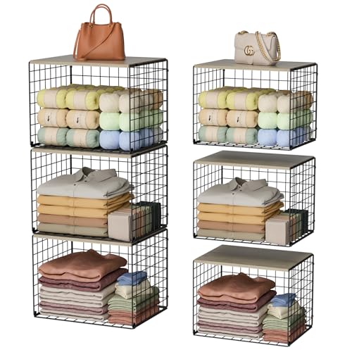 Extra-Long Closet Organizers and Storage with Top Board, 3 Pack Stackable Closet Shelf Organizer, Double Storage Design Clothes Storage Cube/Bin Organizer for Wardrobe,Space-Saving, Black,Sturdy,Metal - color: BLACK, size: 15.74"（L）*12"（W）*12.2"（H）
