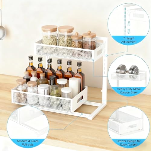Under Sink Organizer, Adjustable Height 2 Tier Under Sink Organizers and Storage Multi-Purpose Under Sink Storage for Bathroom Kitchen - color: 1 Pack-White-New